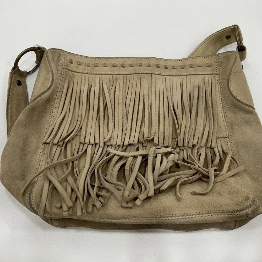 Guess Leather Suede Beige Tan Y2K‎ Hobo Shoulder Fringe Top Zip HandBag Purse